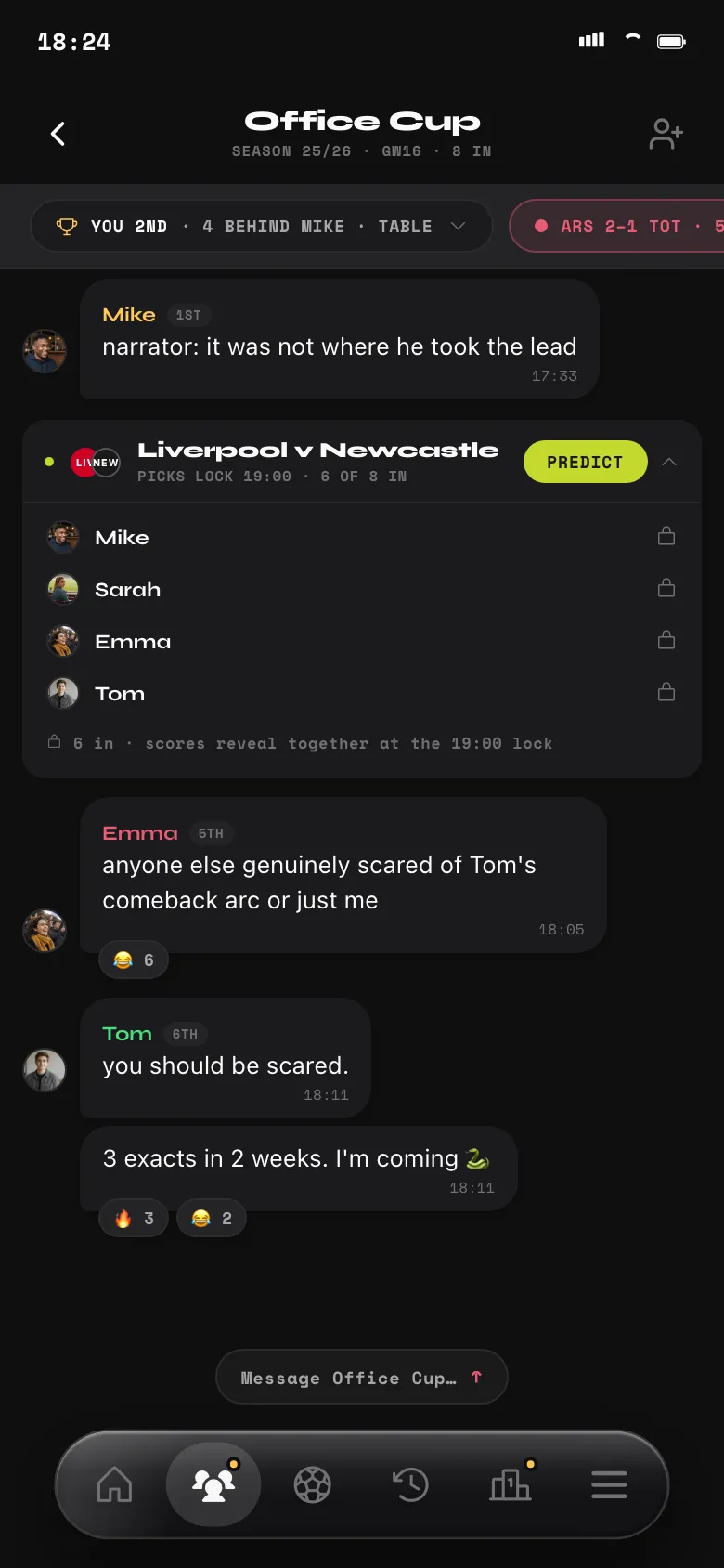 A group chat where picks stay hidden until they all reveal at lock.