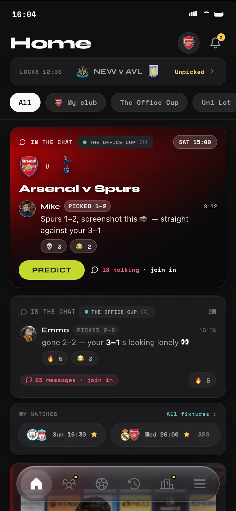 Home feed with a live Arsenal v Spurs group chat and a Predict button.
