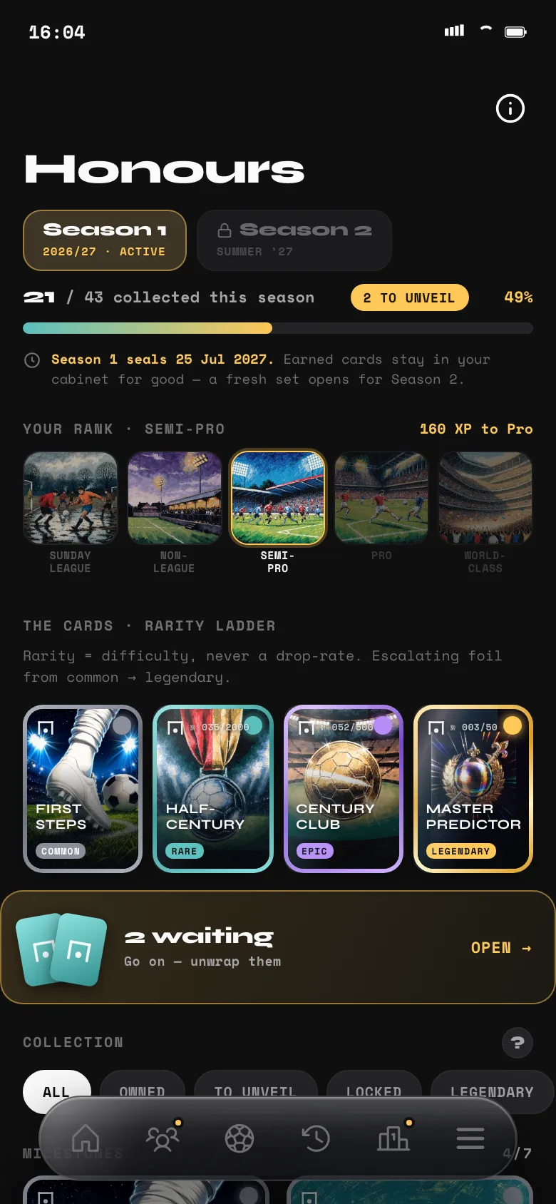 Honours screen with collectible cards and a rank ladder.