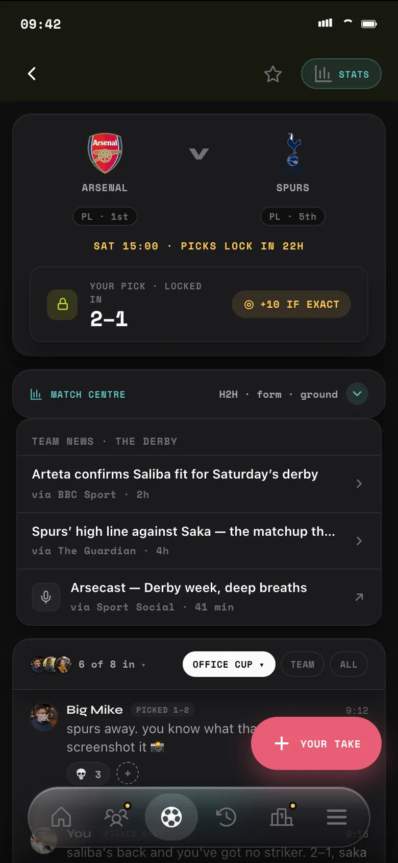 Match room with a locked 2–1 prediction worth 10 points if exact.
