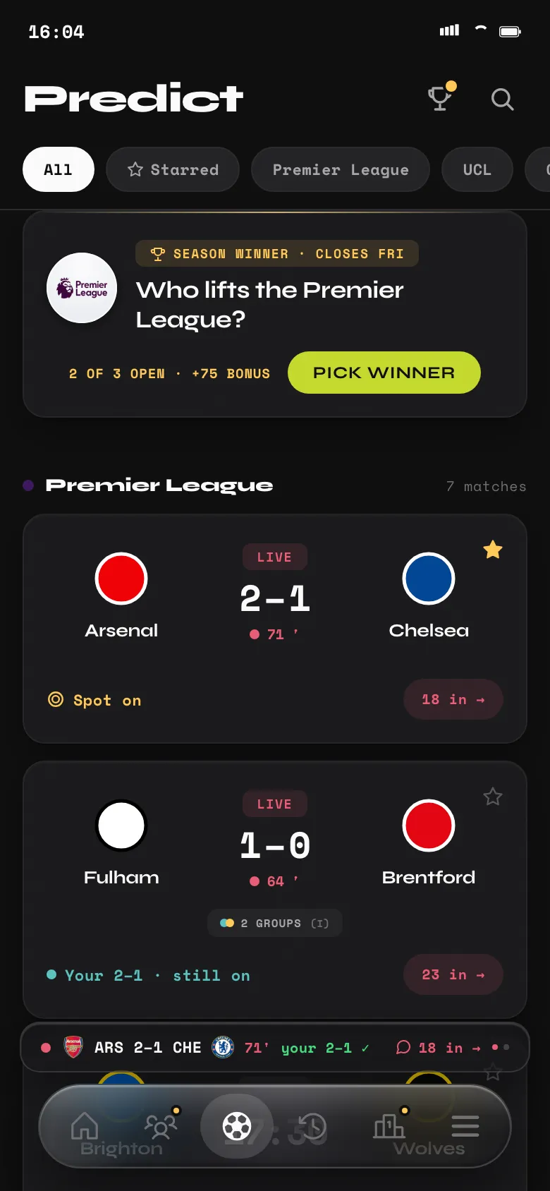 Predict tab with a season-winner pick and live match cards.