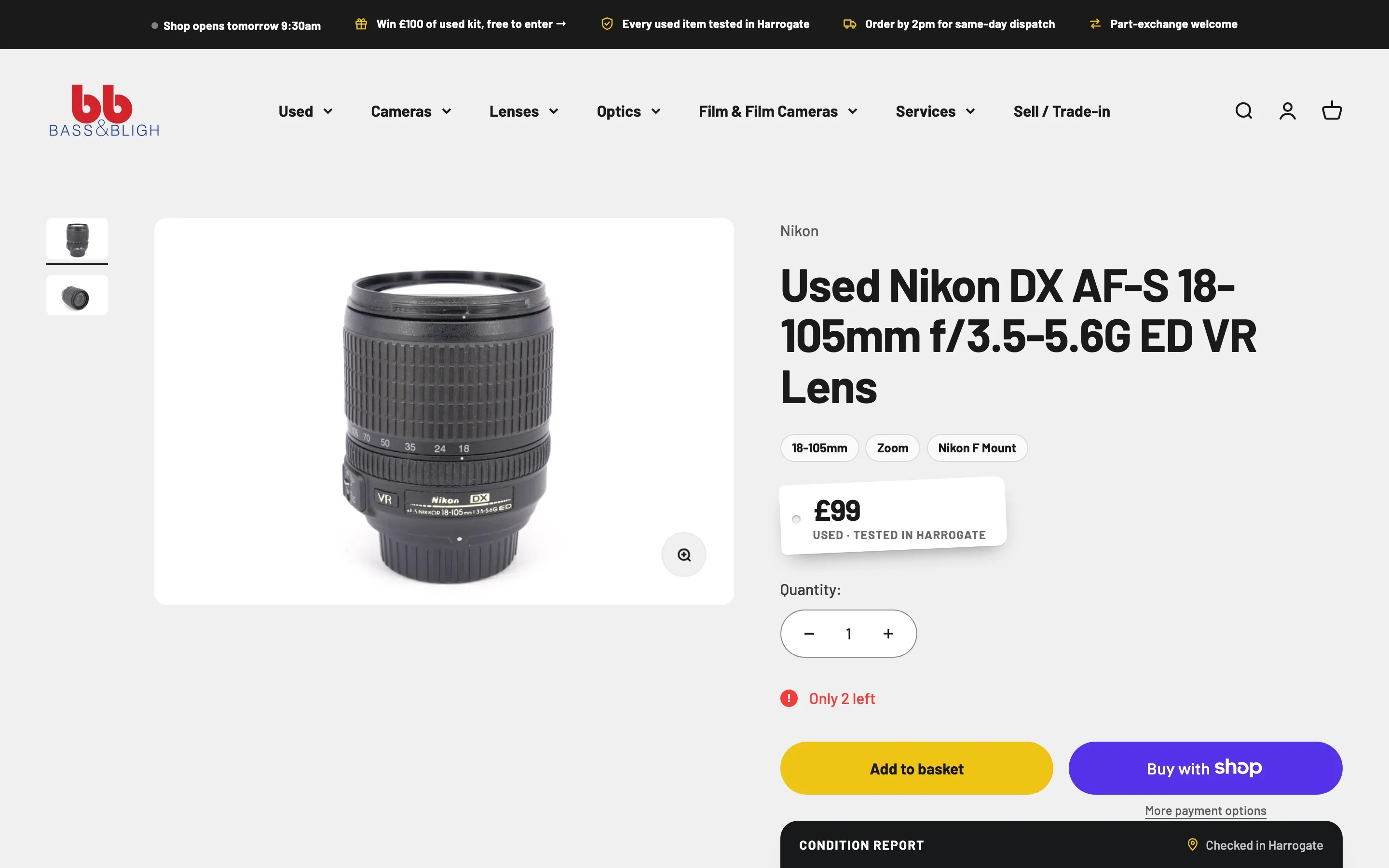 A used Nikon lens product page, with spec chips, a swing-tag style price and a condition report.