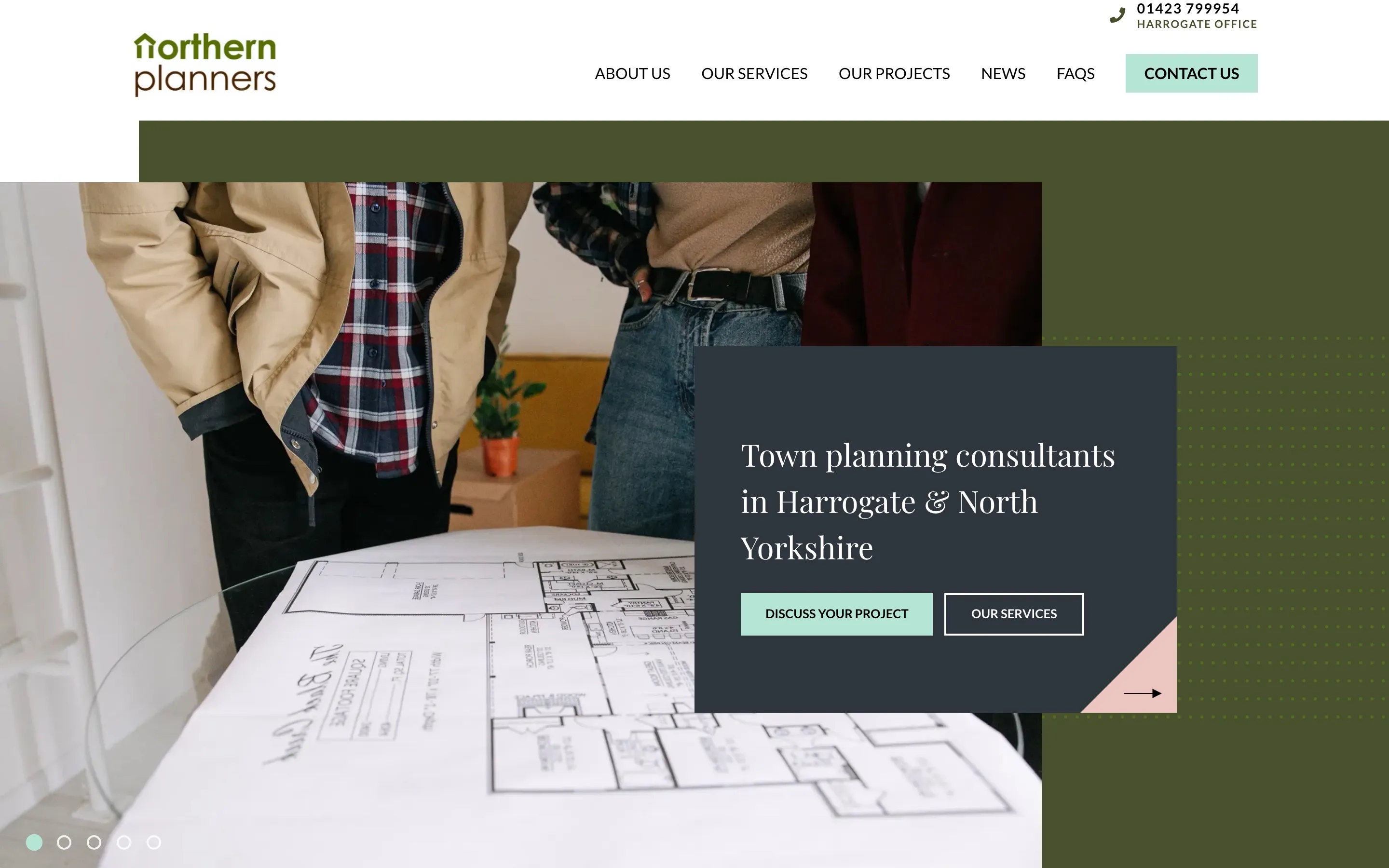 The new Northern Planners homepage: a clear headline naming town planning in Harrogate and North Yorkshire, with two buttons.
